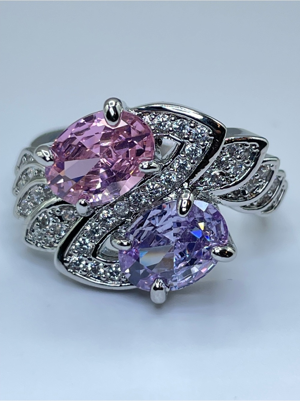 Swarovski Crystal Elements Pink Purple Crystal Art Deco Statement Ring Silver